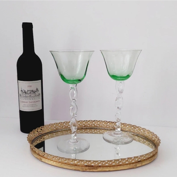 8oz Hand-Blown Green Wine Glasses with Twisted Stem Tall Votive Candle Holders - Picture 2 of 7